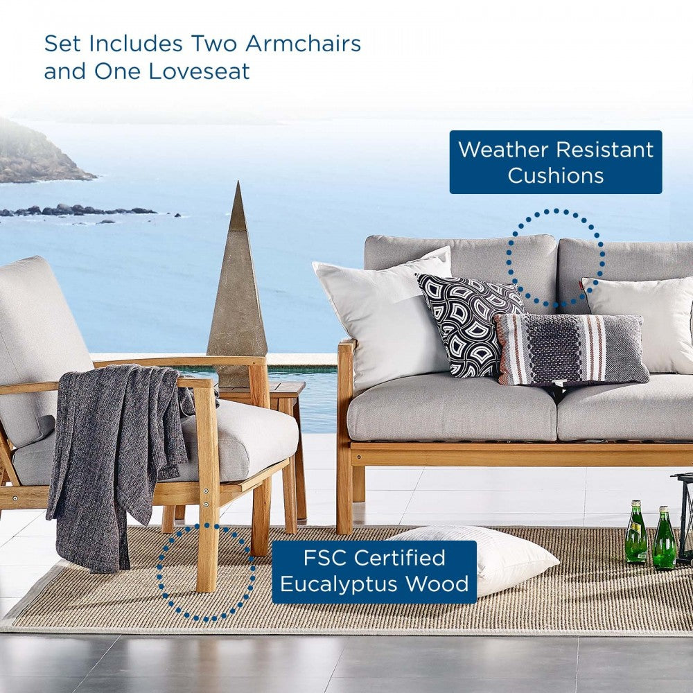 Orlean 3 Piece Outdoor Patio Eucalyptus Wood Set, Natural Light Gray, EEI-3822-NAT-LGR-SET