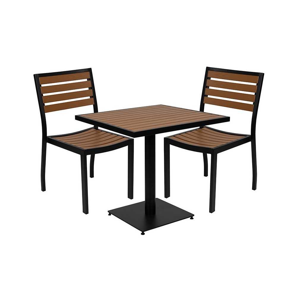 Outdoor Patio Bistro Dining Table Set with 2 Chairs and Faux Teak Poly Slats