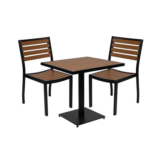 Outdoor Patio Bistro Dining Table Set with 2 Chairs and Faux Teak Poly Slats