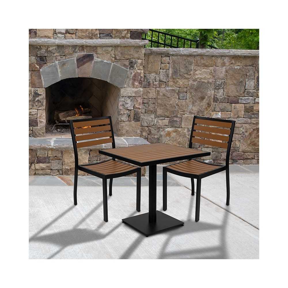 Outdoor Patio Bistro Dining Table Set with 2 Chairs and Faux Teak Poly Slats