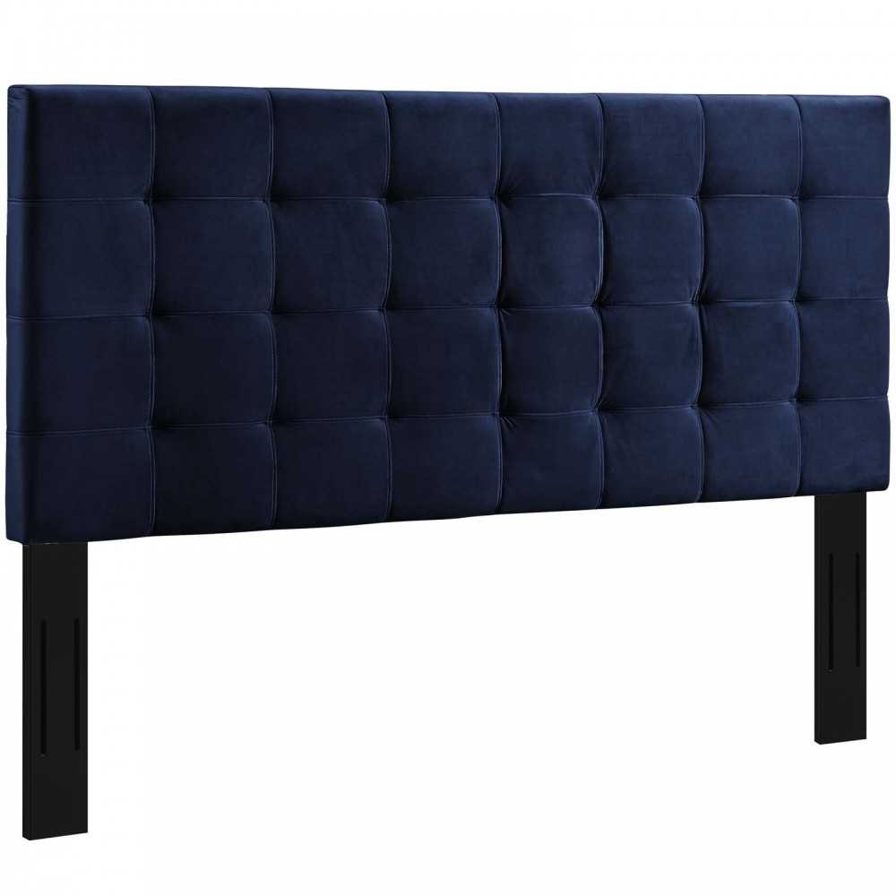 Paisley Tufted King and California King Upholstered Performance Velvet Headboard, Midnight Blue