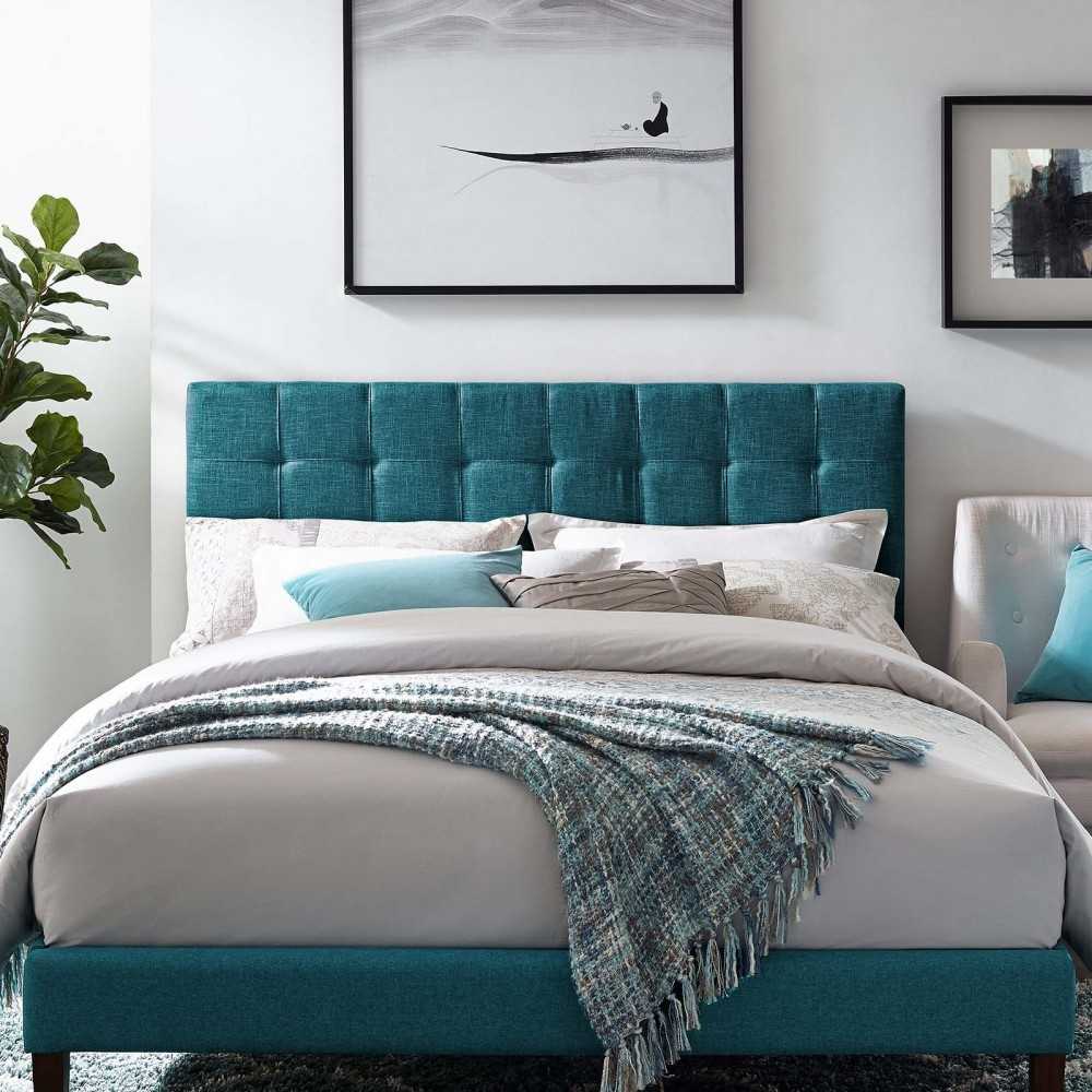 Paisley Tufted Twin Upholstered Linen Fabric Headboard, Teal