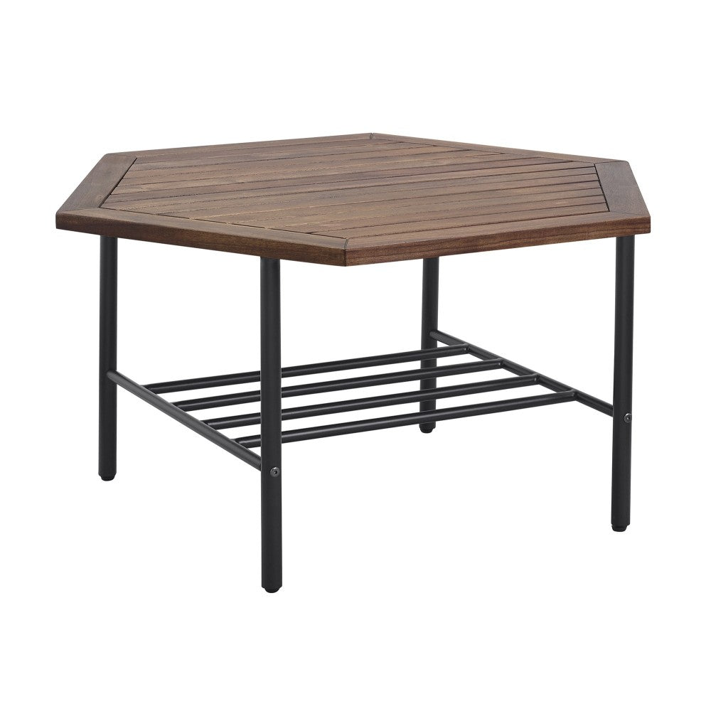 Pearson Modern Wood and Metal Outdoor Hexagon Coffee Table - Dark Brown