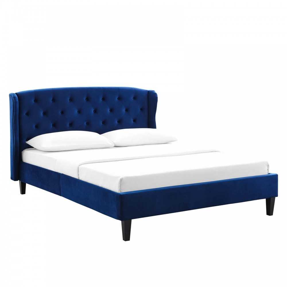 Penelope Tufted Wingback Queen Performance Velvet Platform Bed, Navy