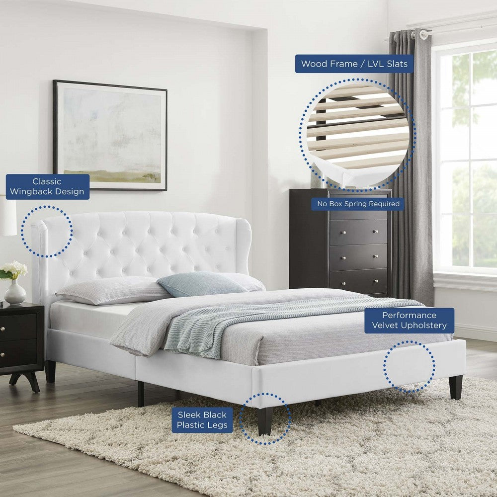 Penelope Tufted Wingback Queen Performance Velvet Platform Bed, White