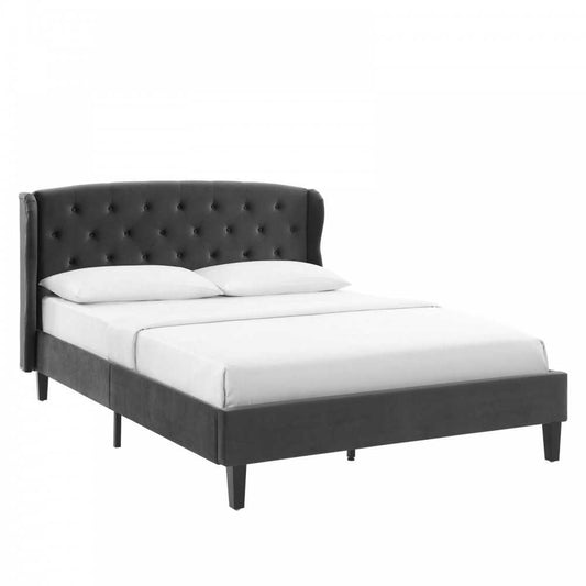 Penelope Tufted Wingback Queen Performance Velvet Platform Bed, Charcoal