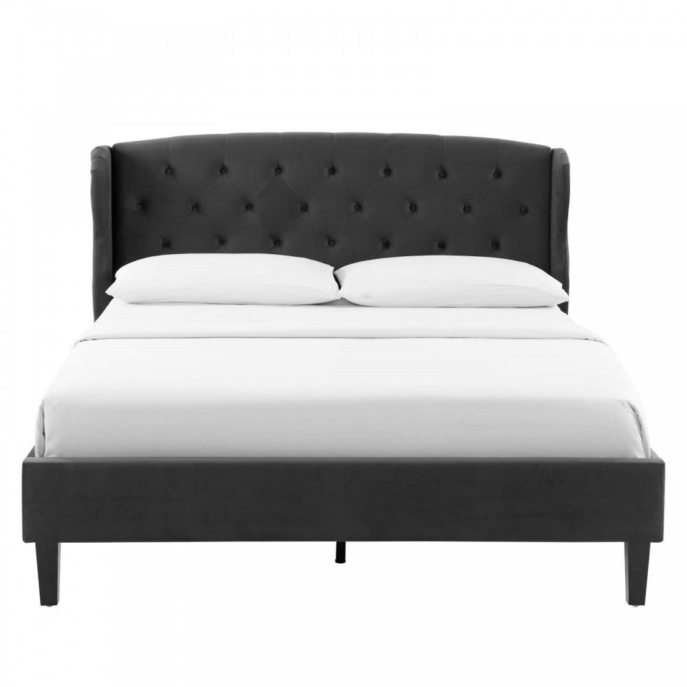 Penelope Tufted Wingback Queen Performance Velvet Platform Bed, Charcoal