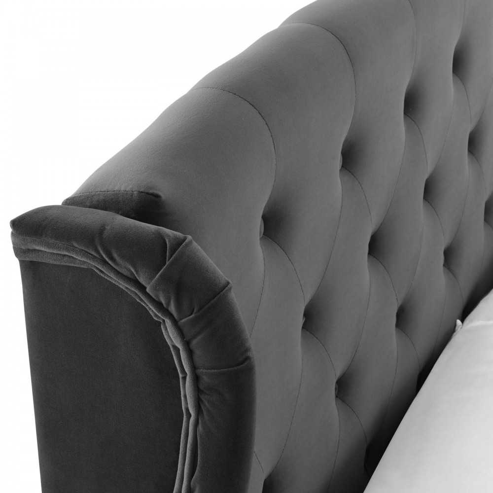 Penelope Tufted Wingback Queen Performance Velvet Platform Bed, Charcoal