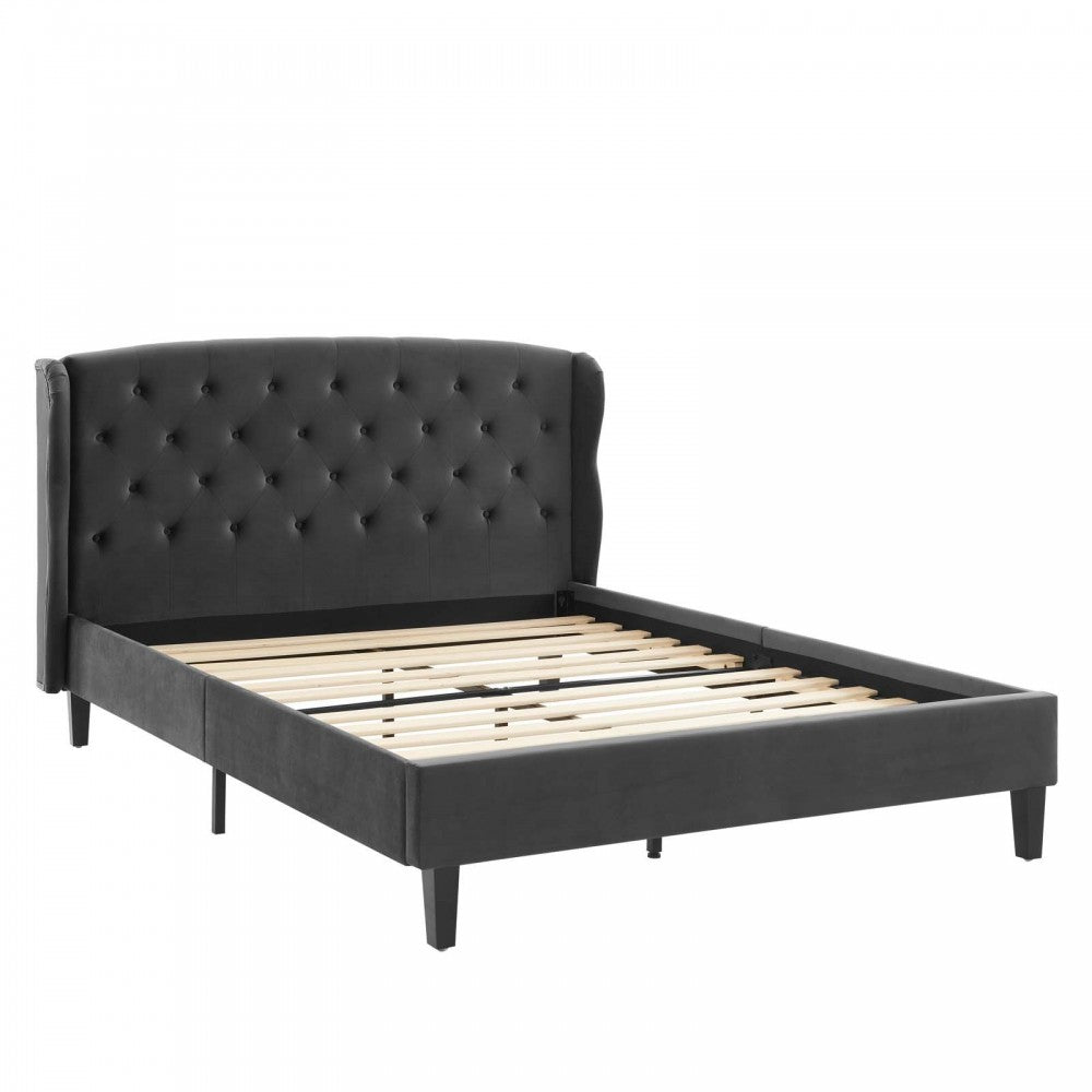 Penelope Tufted Wingback Queen Performance Velvet Platform Bed, Charcoal