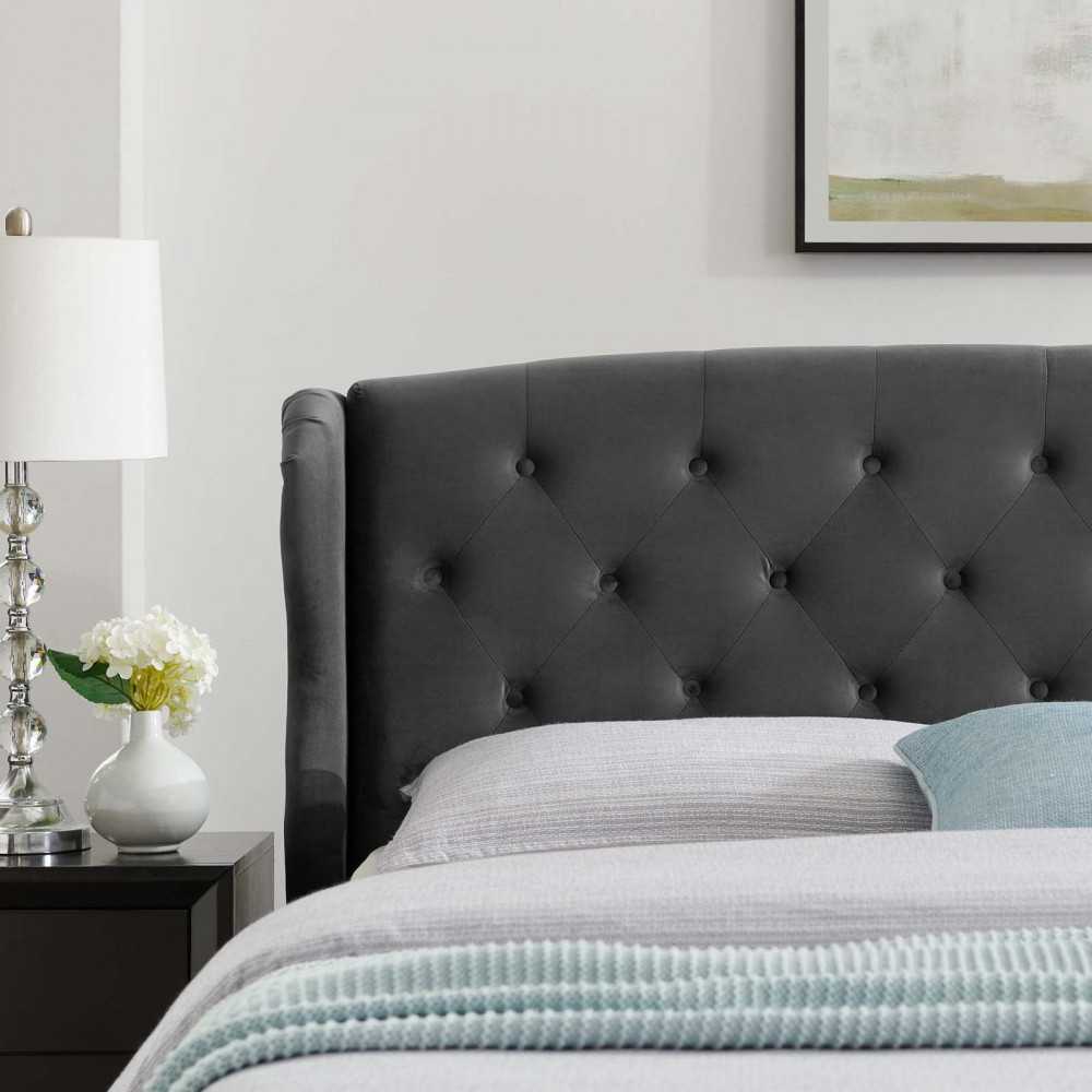 Penelope Tufted Wingback Queen Performance Velvet Platform Bed, Charcoal