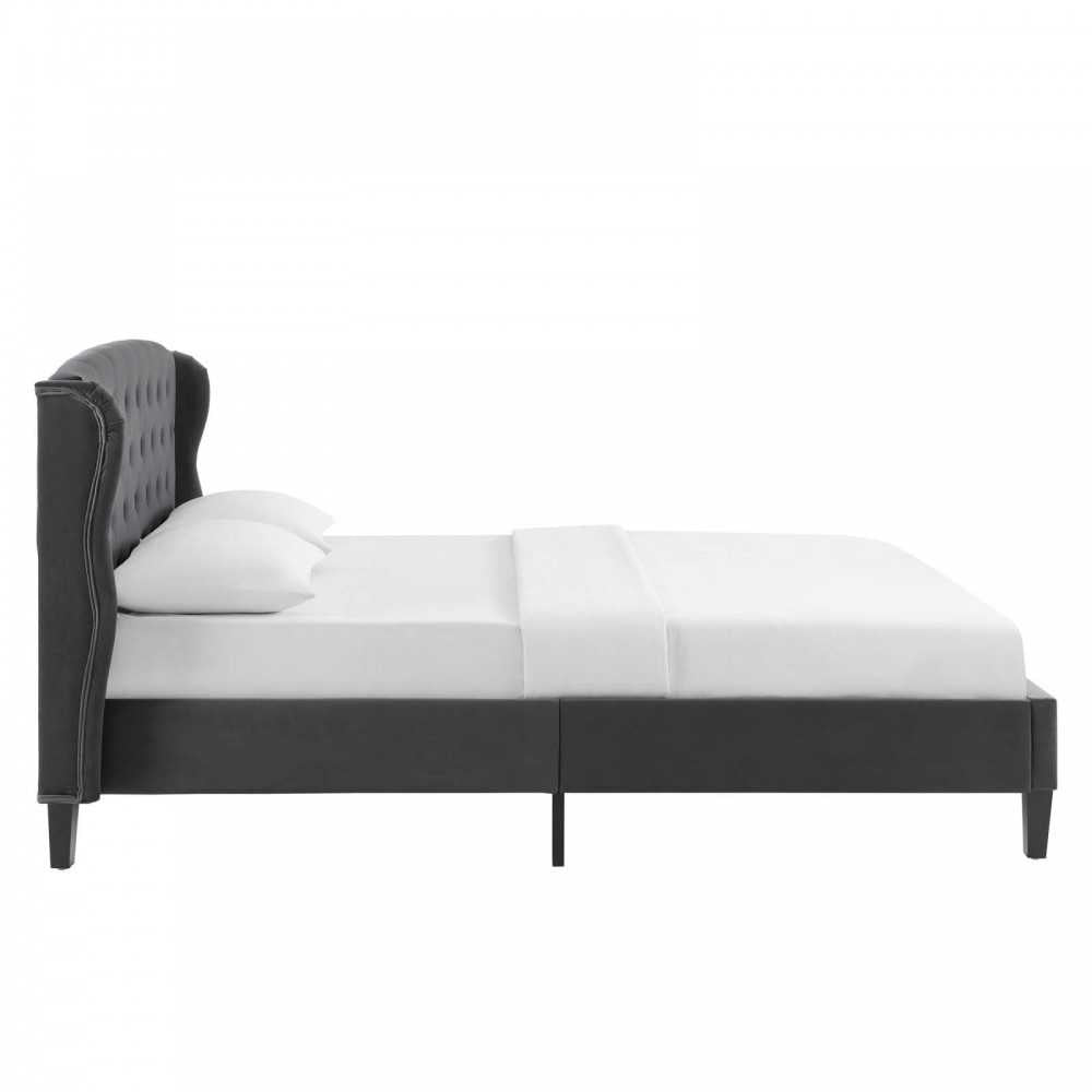 Penelope Tufted Wingback Queen Performance Velvet Platform Bed, Charcoal