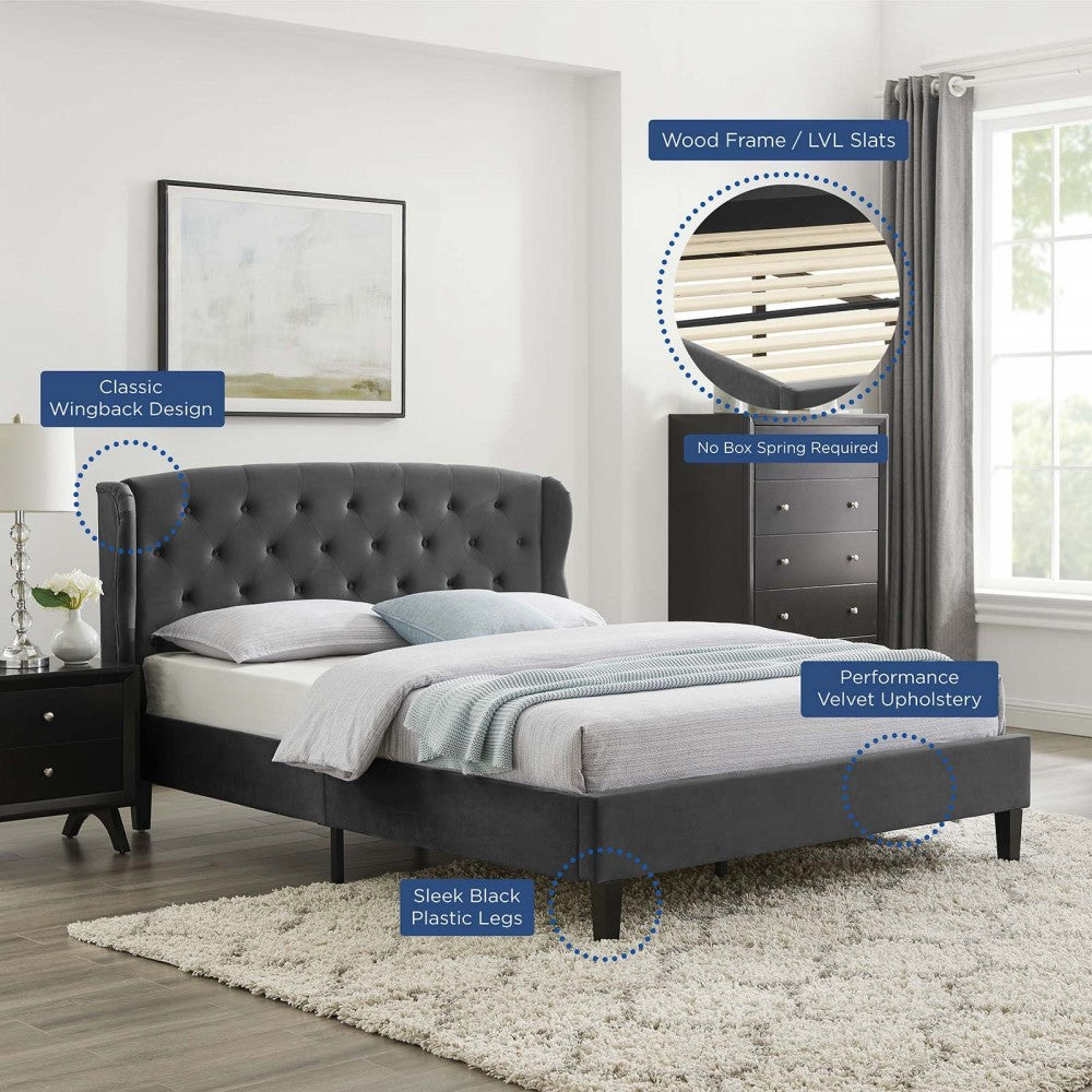 Penelope Tufted Wingback Queen Performance Velvet Platform Bed, Charcoal