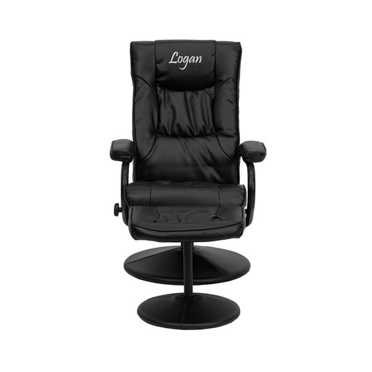 Personalized Contemporary Multi-Position Recliner and Ottoman with Wrapped Base in Black LeatherSoft