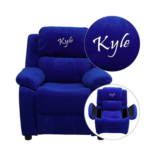 Personalized Deluxe Padded Blue Microfiber Kids Recliner with Storage Arms