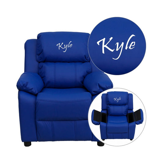 Personalized Deluxe Padded Blue Vinyl Kids Recliner with Storage Arms