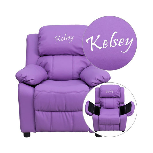 Personalized Deluxe Padded Lavender Vinyl Kids Recliner with Storage Arms