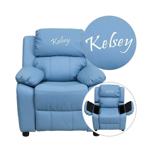 Personalized Deluxe Padded Light Blue Vinyl Kids Recliner with Storage Arms