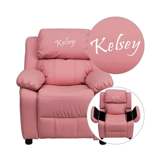 Personalized Deluxe Padded Pink Vinyl Kids Recliner with Storage Arms