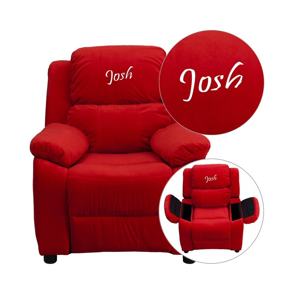 Personalized Deluxe Padded Red Microfiber Kids Recliner with Storage Arms