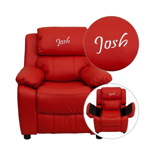 Personalized Deluxe Padded Red Vinyl Kids Recliner with Storage Arms