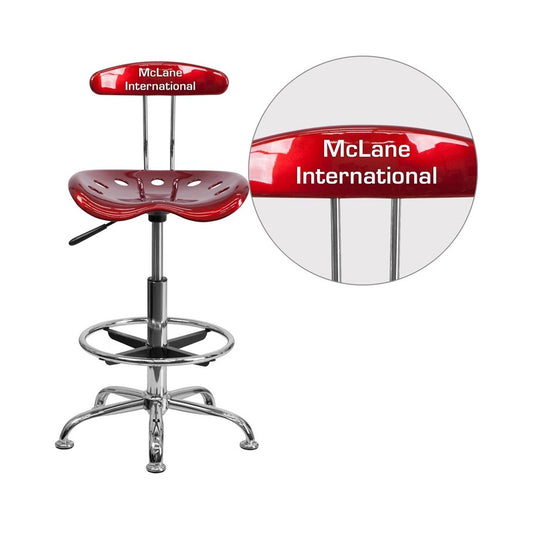 Personalized Vibrant Wine Red and Chrome Drafting Stool with Tractor Seat