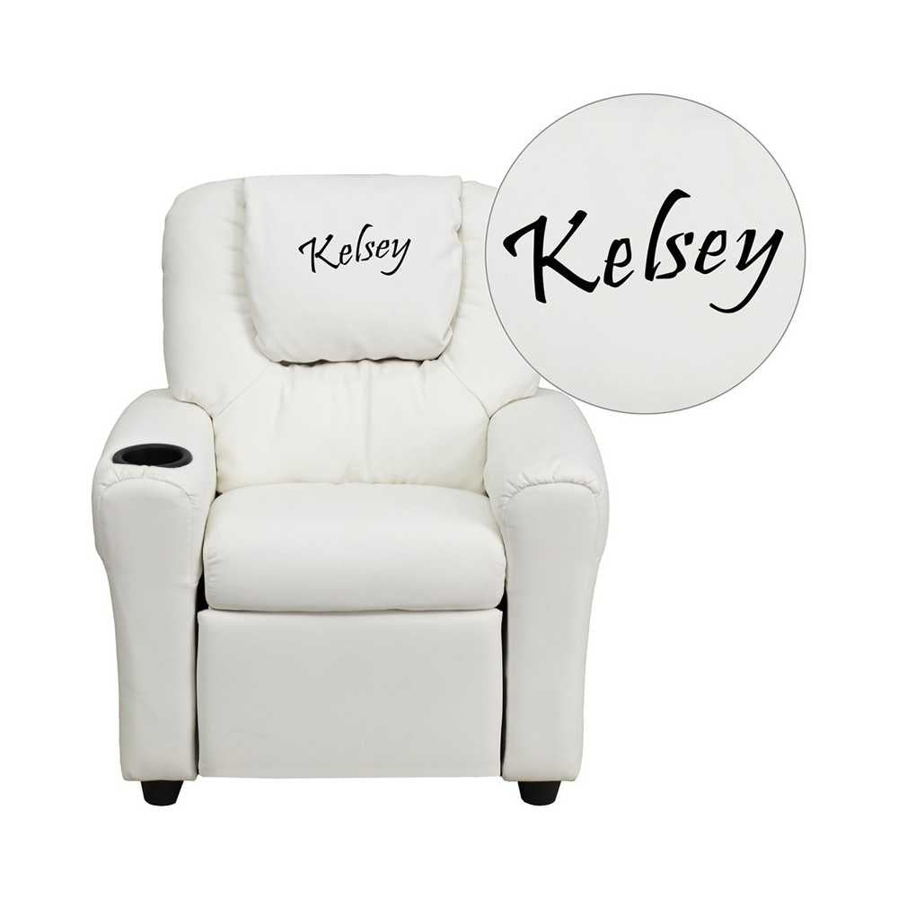 Personalized White Vinyl Kids Recliner with Cup Holder and Headrest