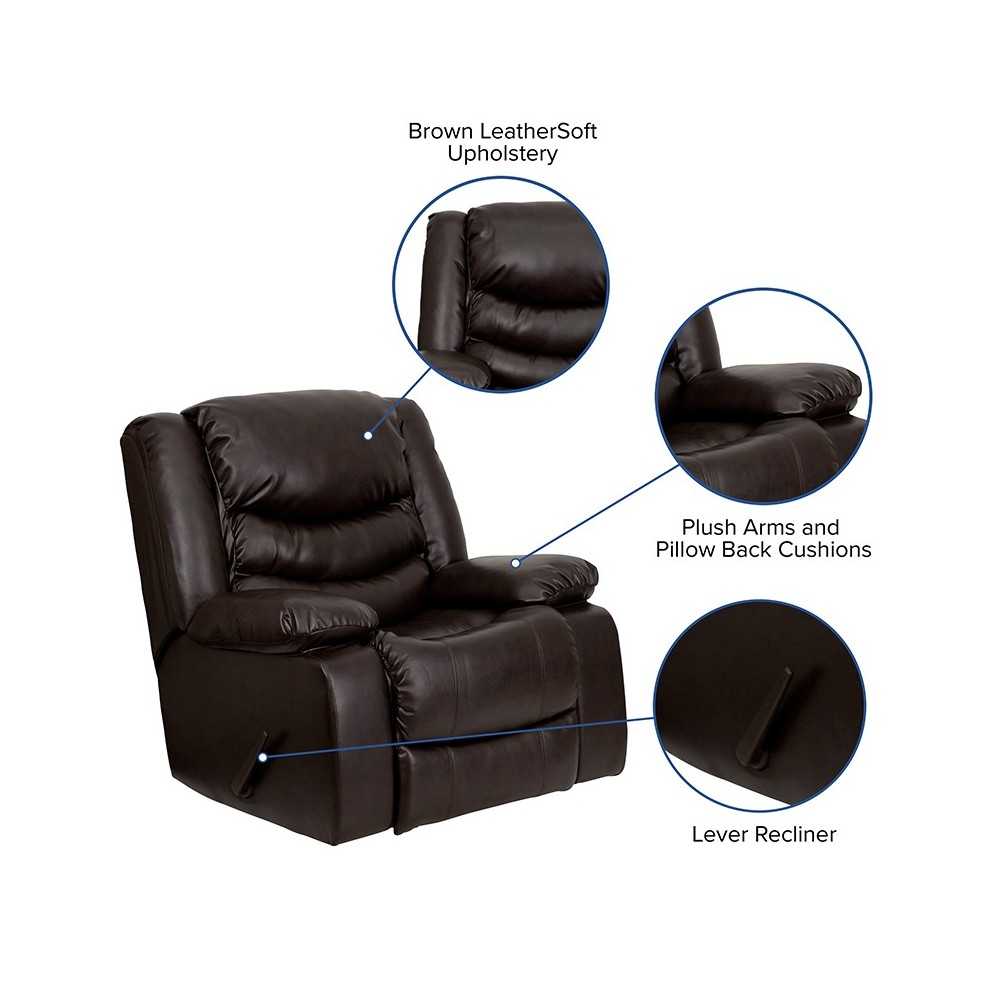 Plush Brown LeatherSoft Lever Rocker Recliner with Padded Arms