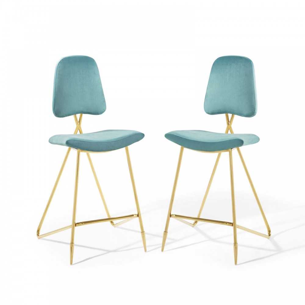 Ponder Bar Stool Performance Velvet Set of 2, Sea Blue