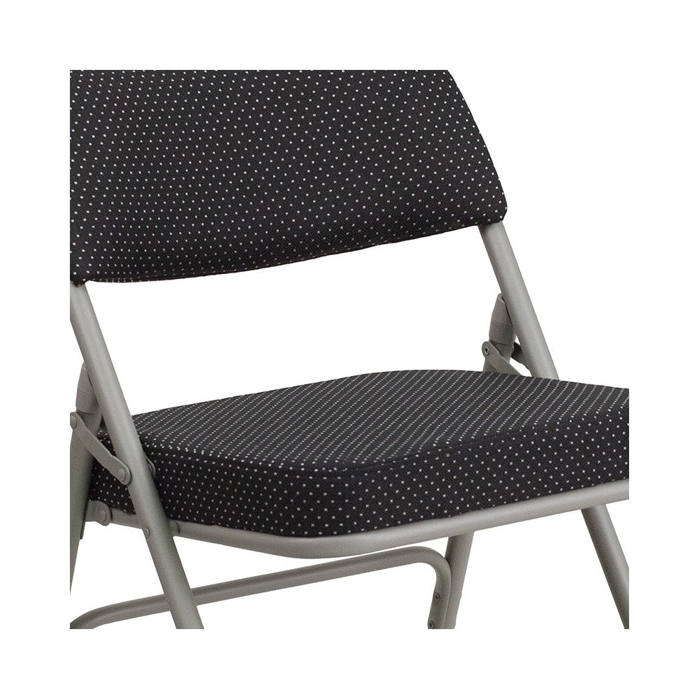 Premium Curved Triple Braced & Double Hinged Black Pin-Dot Fabric Metal Folding Chair