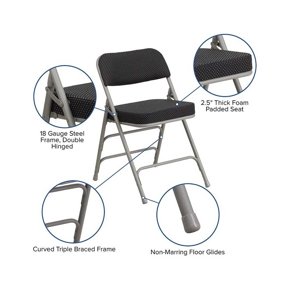 Premium Curved Triple Braced & Double Hinged Black Pin-Dot Fabric Metal Folding Chair