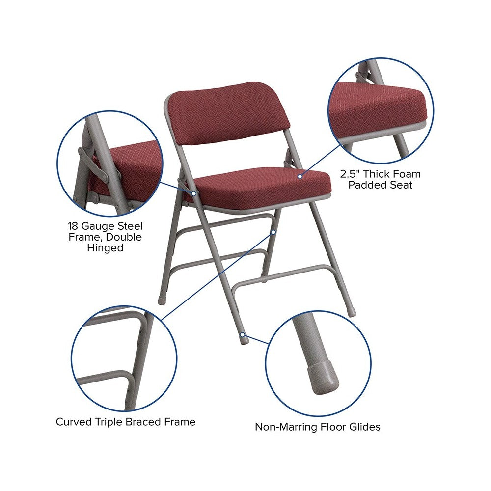 Premium Curved Triple Braced & Double Hinged Burgundy Fabric Metal Folding Chair