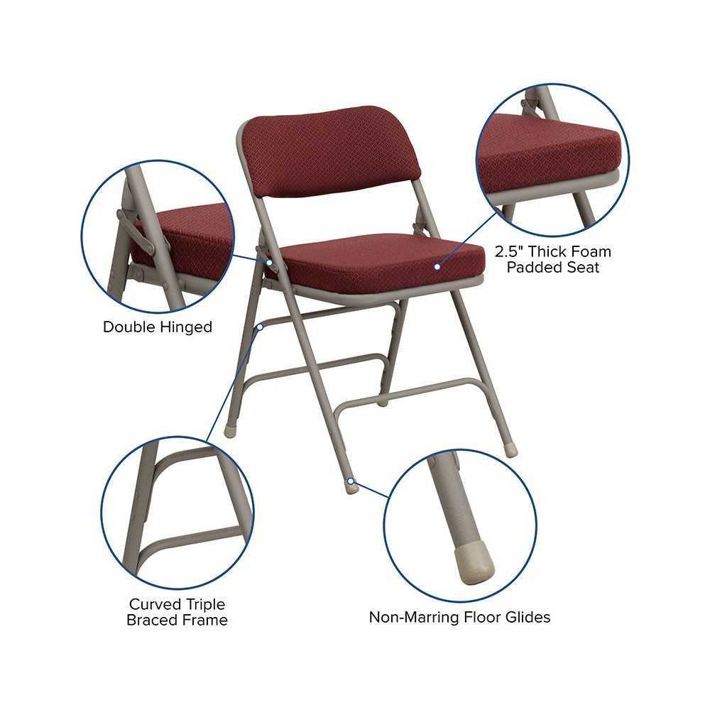 Premium Curved Triple Braced & Double Hinged Burgundy Fabric Metal Folding Chair
