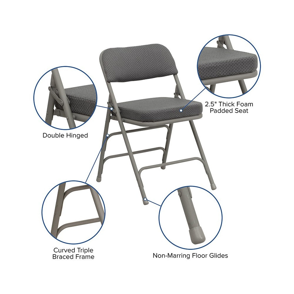 Premium Curved Triple Braced & Double Hinged Gray Fabric Metal Folding Chair