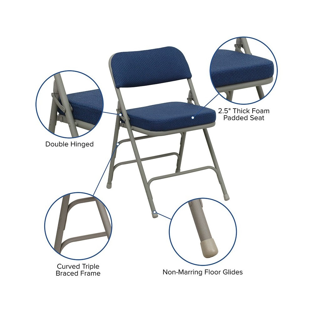 Premium Curved Triple Braced & Double Hinged Navy Fabric Metal Folding Chair