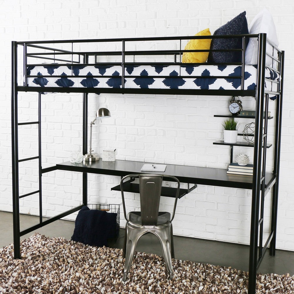 Premium Metal Twin Loft Bed with Workstation - Black