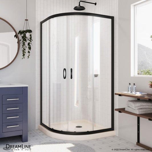 Prime 33 in. x 74 3/4 in. Semi-Frameless Clear Glass Sliding Shower Enclosure in Satin Black with Biscuit Base Kit