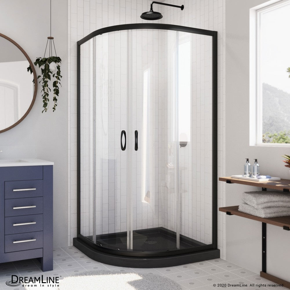 Prime 33 in. x 74 3/4 in. Semi-Frameless Clear Glass Sliding Shower Enclosure in Satin Black with Black Base Kit