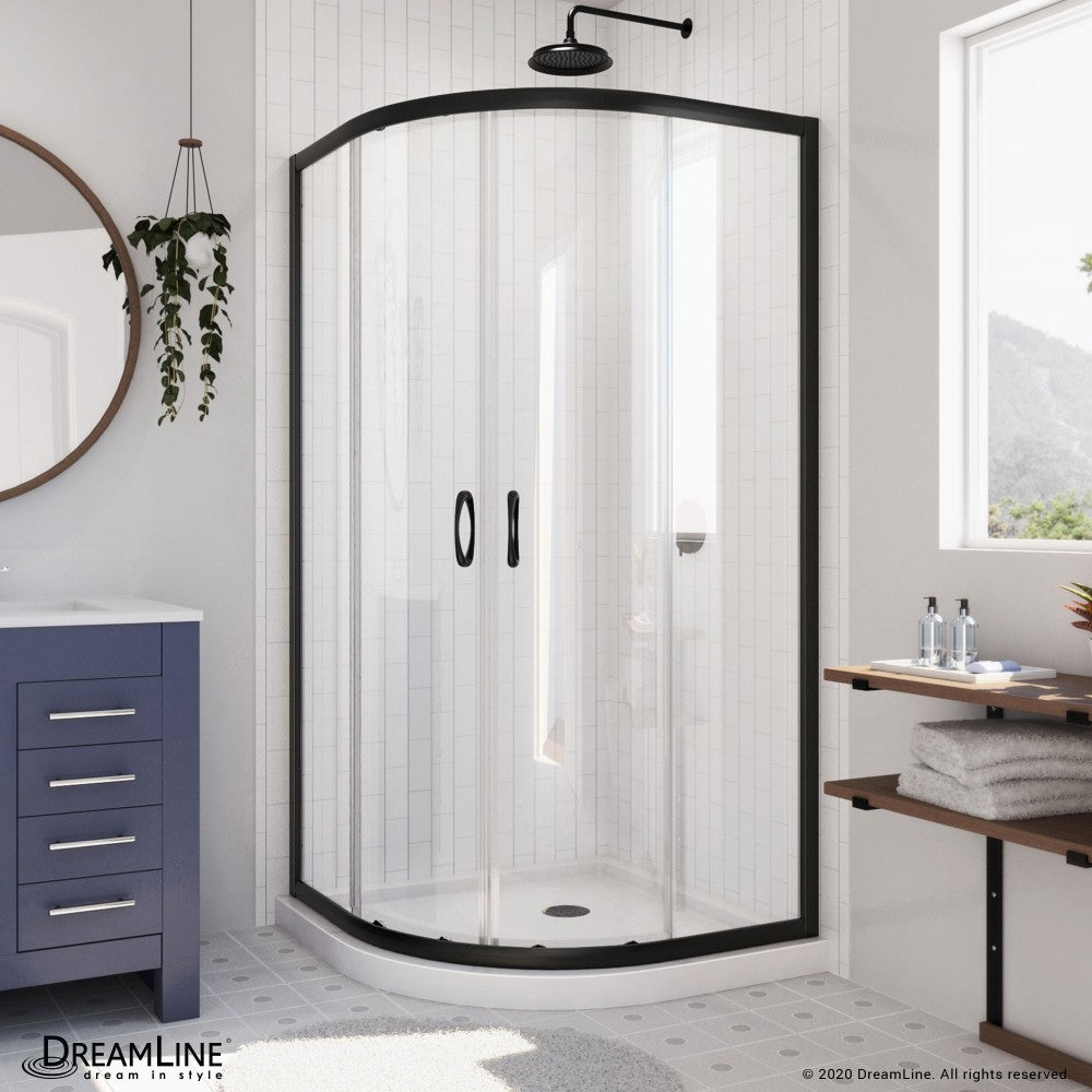 Prime 33 in. x 74 3/4 in. Semi-Frameless Clear Glass Sliding Shower Enclosure in Satin Black with White Base Kit