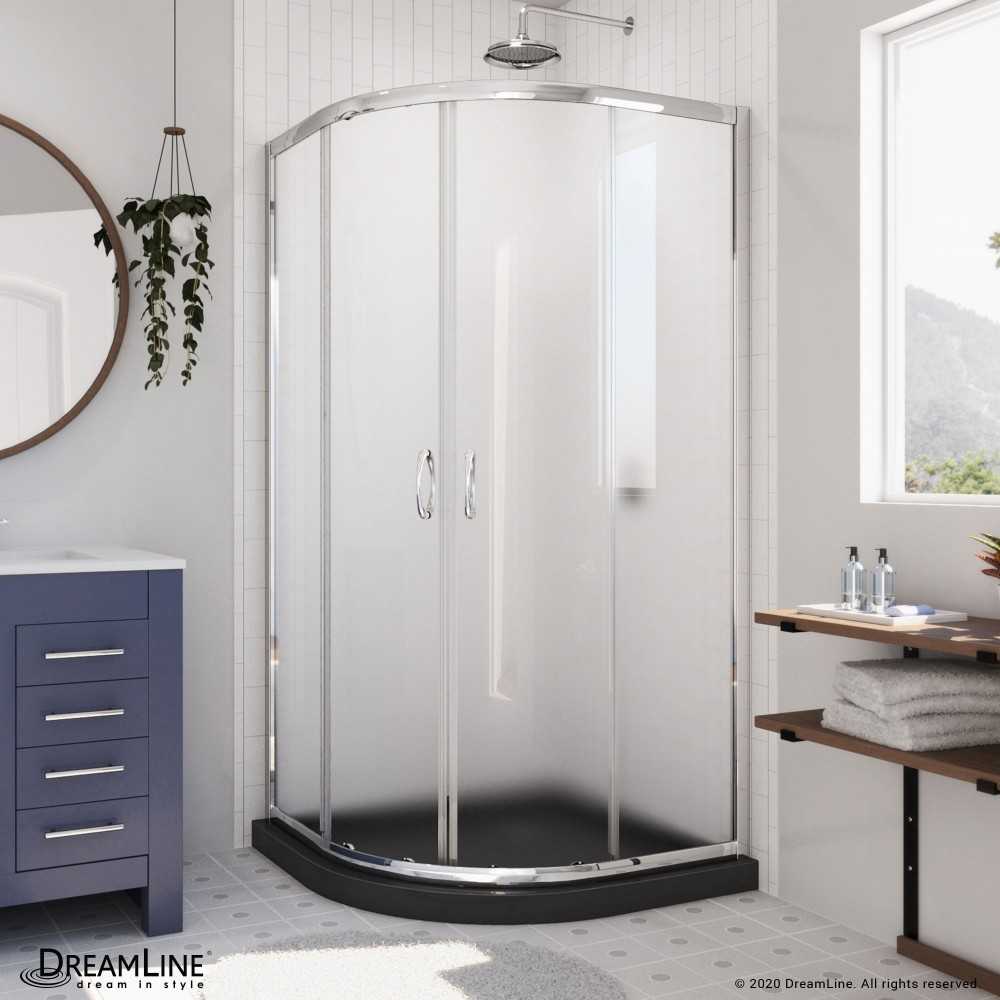 Prime 33 in. x 74 3/4 in. Semi-Frameless Frosted Glass Sliding Shower Enclosure in Chrome with Black Base Kit