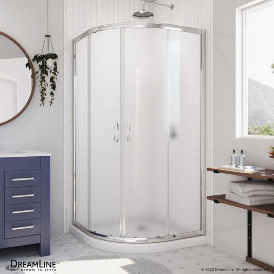 Prime 33 in. x 74 3/4 in. Semi-Frameless Frosted Glass Sliding Shower Enclosure in Chrome with White Base Kit