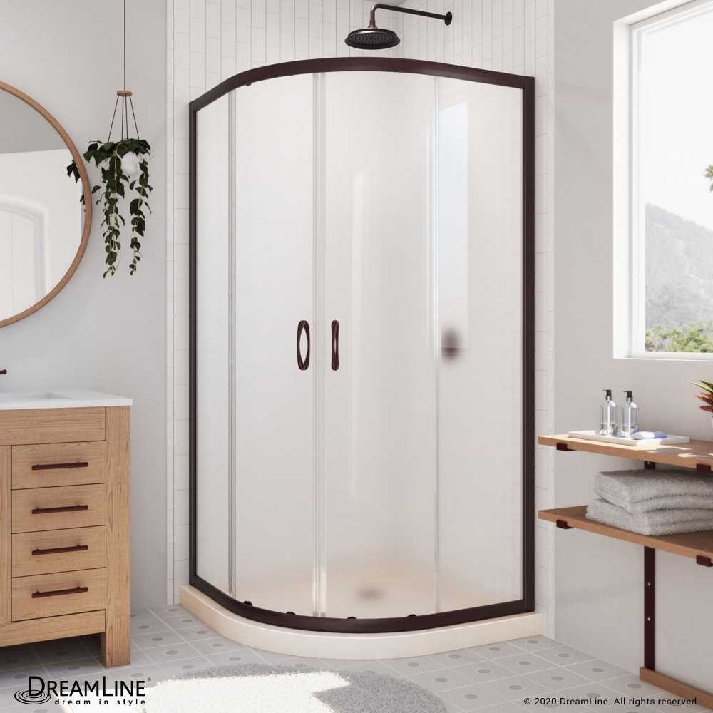 Prime 33 in. x 74 3/4 in. Semi-Frameless Frosted Glass Sliding Shower Enclosure in Oil Rubbed Bronze, Biscuit Base Kit