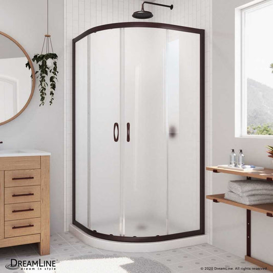 Prime 33 in. x 74 3/4 in. Semi-Frameless Frosted Glass Sliding Shower Enclosure in Oil Rubbed Bronze with White Base Kit