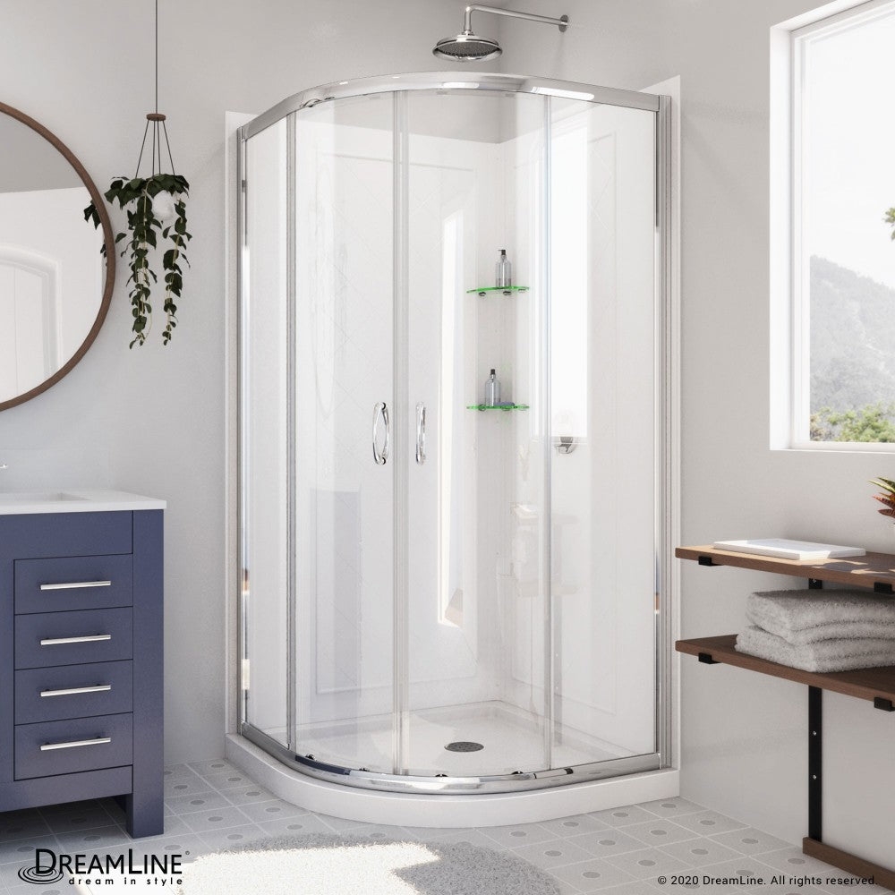 Prime 33 in. x 76 3/4 in. Semi-Frameless Clear Glass Sliding Shower Enclosure in Chrome with White Base and Backwalls