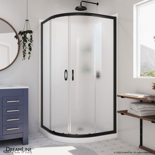 Prime 33 in. x 76 3/4 in. Semi-Frameless Frosted Glass Sliding Shower Enclosure in Satin Black with Base and Backwall