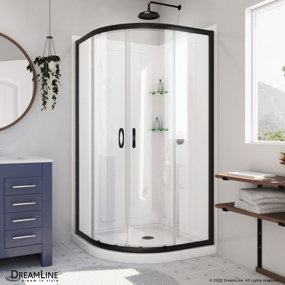 Prime 36 in. x 76 3/4 in. Semi-Frameless Clear Glass Sliding Shower Enclosure in Satin Black with Base and Backwalls