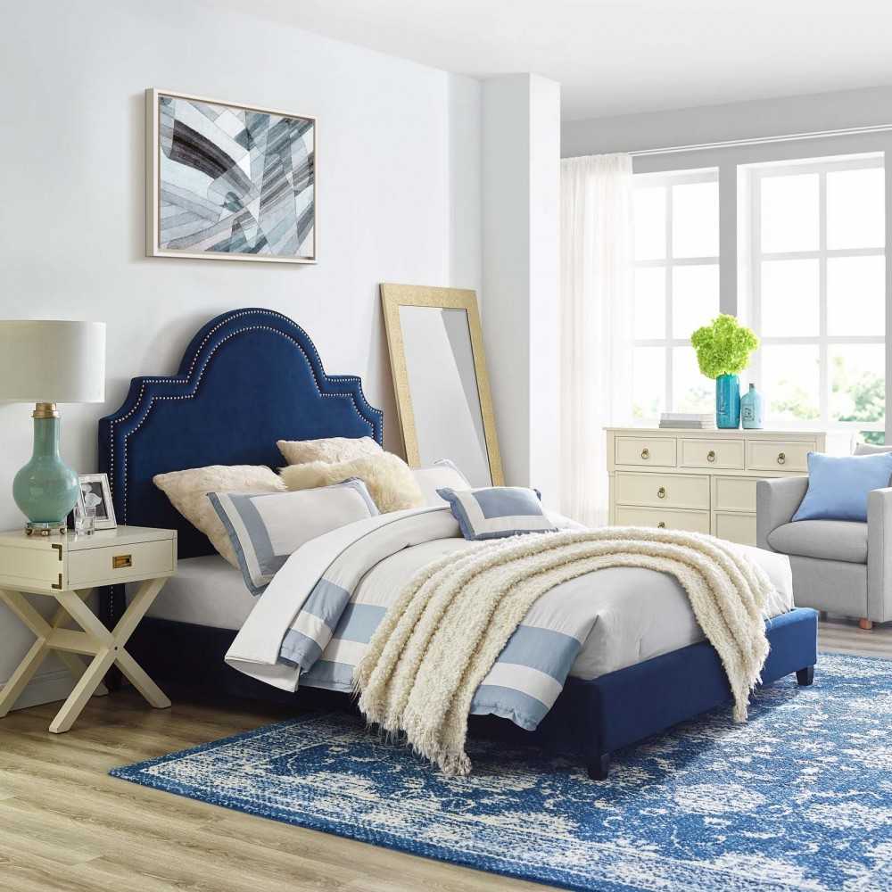Primrose Queen Performance Velvet Platform Bed, Navy