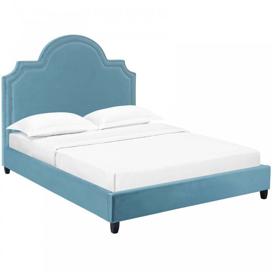 Primrose Queen Performance Velvet Platform Bed, Sea Blue