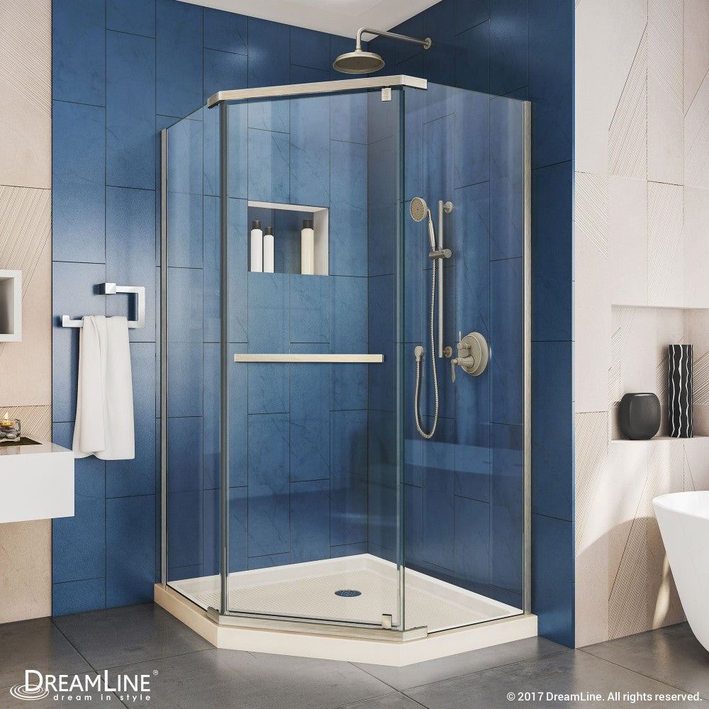 Prism 36 in. x 74 3/4 in. Frameless Neo-Angle Pivot Shower Enclosure in Brushed Nickel with Biscuit Base