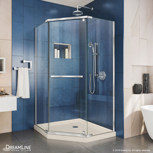 Prism 36 in. x 74 3/4 in. Frameless Neo-Angle Pivot Shower Enclosure in Chrome with Biscuit Base Kit