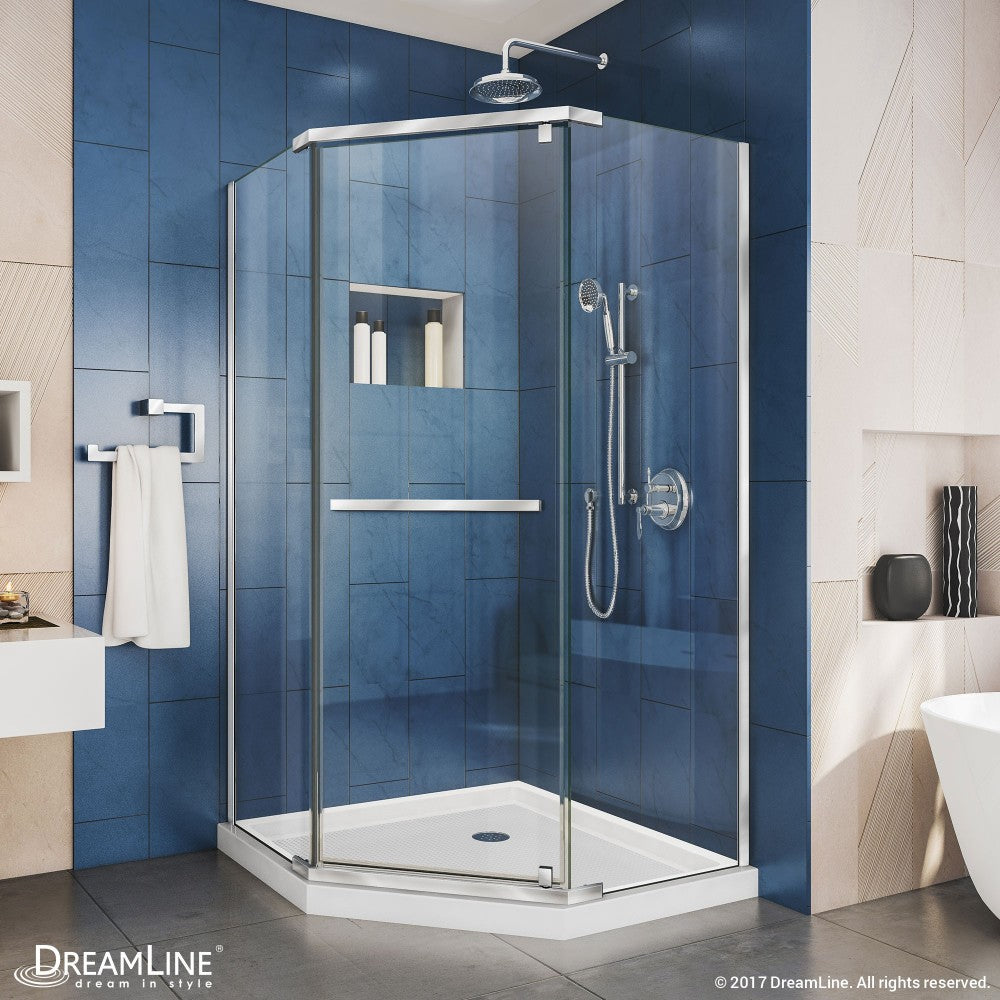 Prism 38 in. x 74 3/4 in. Frameless Neo-Angle Pivot Shower Enclosure in Chrome with White Base Kit